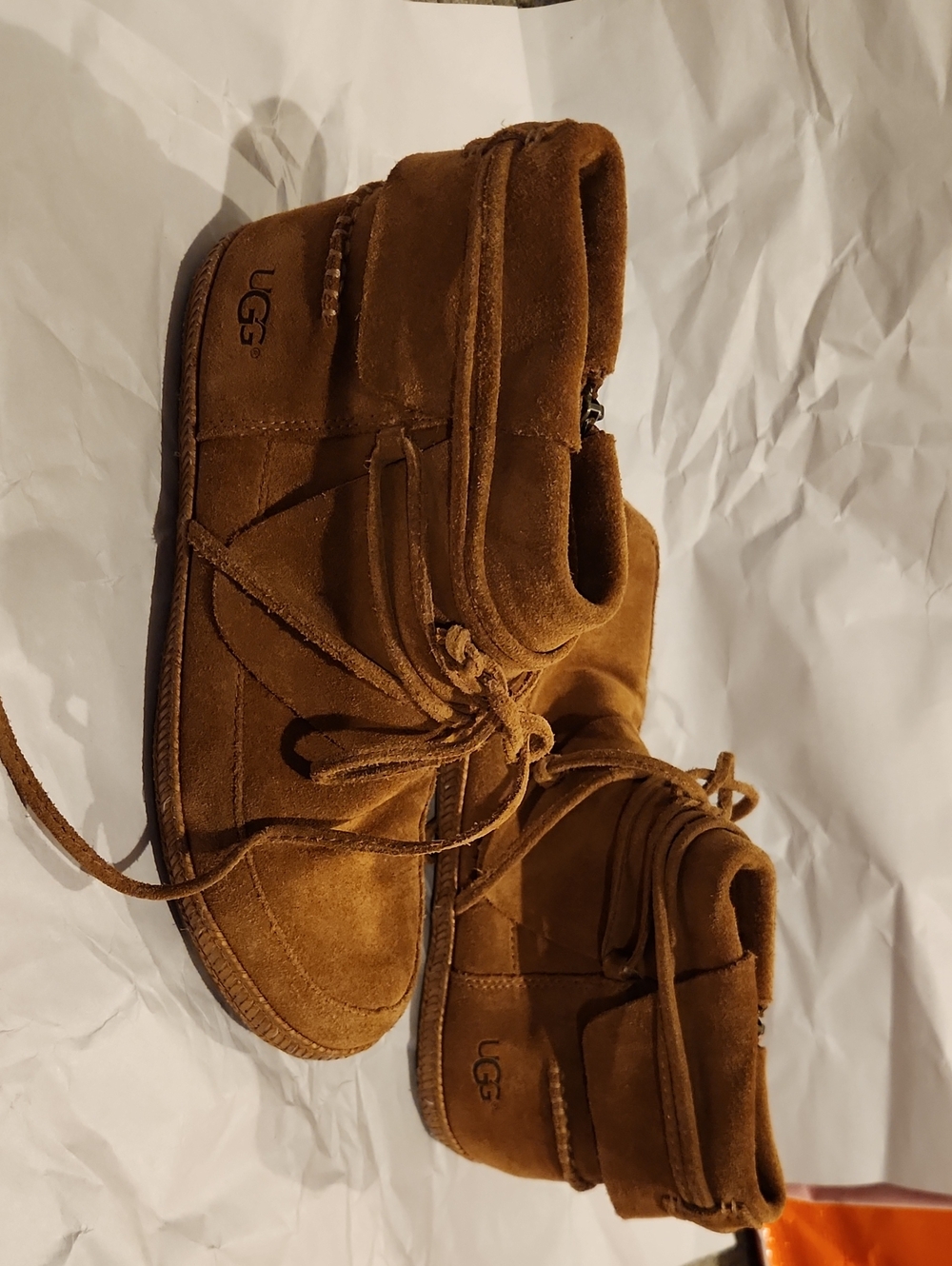 NEW* UGG Reid Ankle Boots Camel Leather Suede Round Apron Toe Zip Lace Up 7.5